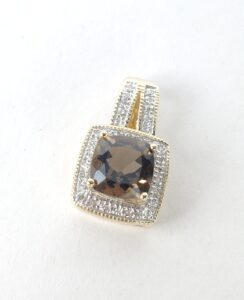 14k Multi-Tone Gold Smoky Quartz Diamond Halo Drop Dangle Pendant 3/4''