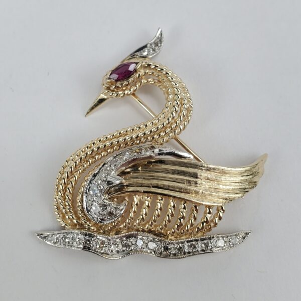14k Two-Tone Gold Vintage Diamond Ruby Swan Bird Pin Brooch 1 3/8'' - Image 3