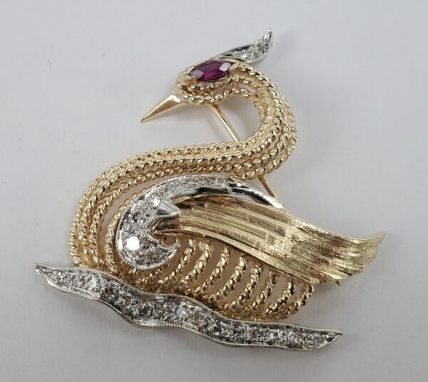 14k Two-Tone Gold Vintage Diamond Ruby Swan Bird Pin Brooch 1 3/8'' - Image 4