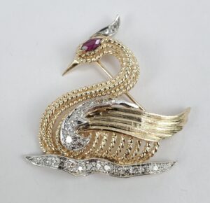14k Two-Tone Gold Vintage Diamond Ruby Swan Bird Pin Brooch 1 3/8''