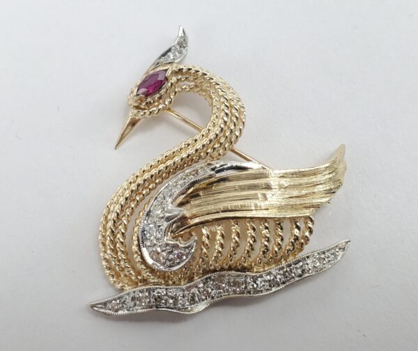 14k Two-Tone Gold Vintage Diamond Ruby Swan Bird Pin Brooch 1 3/8'' - Image 5
