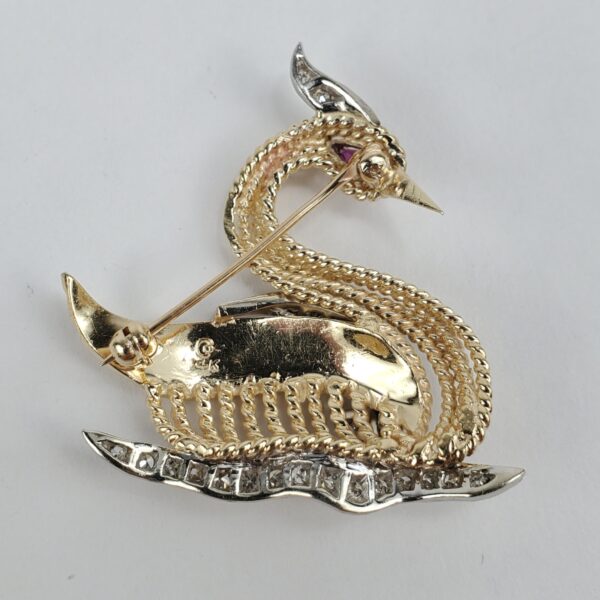 14k Two-Tone Gold Vintage Diamond Ruby Swan Bird Pin Brooch 1 3/8'' - Image 6