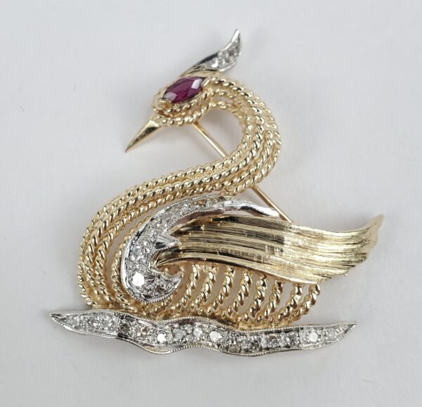 14k Two-Tone Gold Vintage Diamond Ruby Swan Bird Pin Brooch 1 3/8''