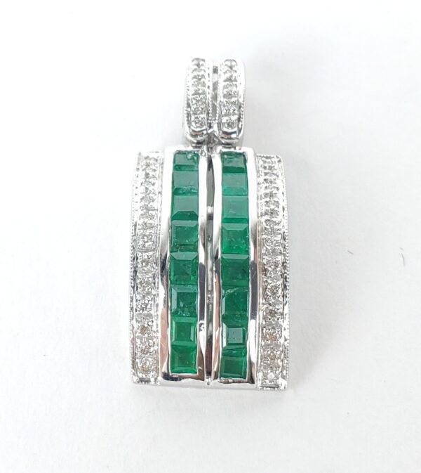 14k White Gold 1.53ctw 1.28ct Natural Emerald Diamond Rectangular Drop Pendant - Image 3
