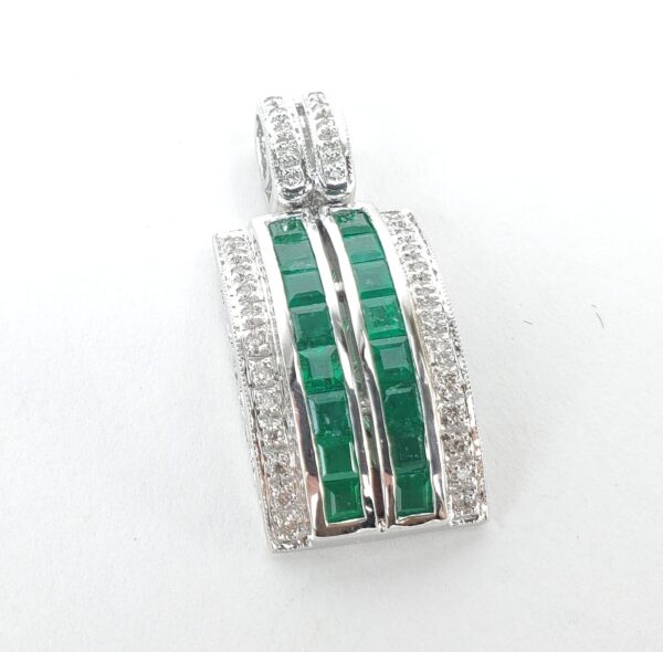 14k White Gold 1.53ctw 1.28ct Natural Emerald Diamond Rectangular Drop Pendant - Image 4