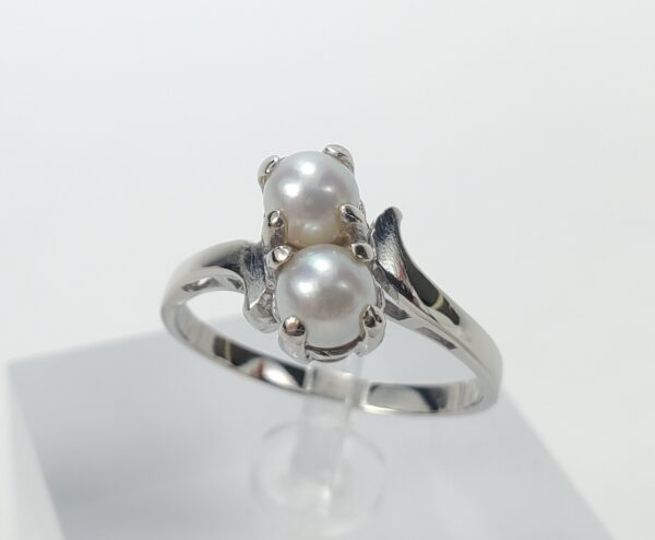 14k White Gold 4.8mm Twin Dual 2 Pearl Bypass Style Band Ring 7.5''