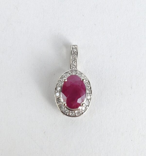 14k White Gold .85ctw Natural Ruby Diamond Oval Halo Drop Pendant 5/8'' - Image 3