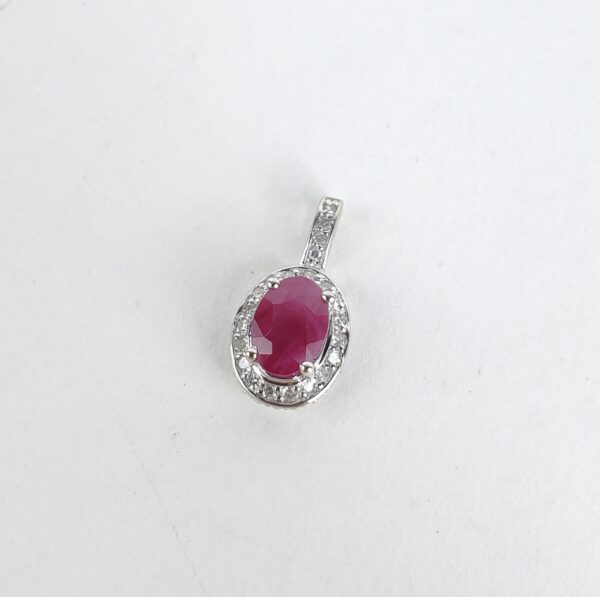 14k White Gold .85ctw Natural Ruby Diamond Oval Halo Drop Pendant 5/8'' - Image 4