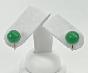 14k Yellow Gold 10-10.5mm Green Glass Jade Imitation Screw Back Clip On Earrings