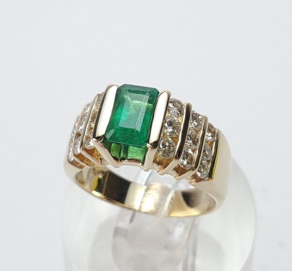 14k Yellow Gold Emerald Cut Natural Emerald Diamond Tension Set Cocktail Ring - Image 4