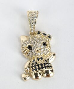 14k Yellow Gold Hello Kitty White Black Stone Drop Pendant 1 1/8''