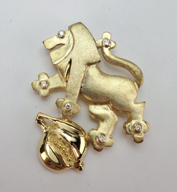 14k Yellow Gold Large Diamond Lion of Judah Pomegranate Pendant Pin Brooch - Image 3