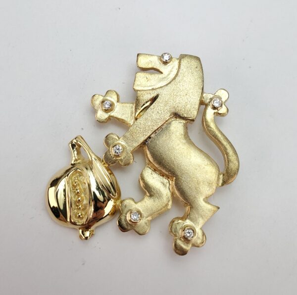 14k Yellow Gold Large Diamond Lion of Judah Pomegranate Pendant Pin Brooch - Image 4