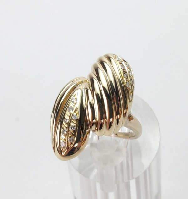 18k Yellow Gold Diamond Double Dome Ribbed Open Work Band Cocktail Ring