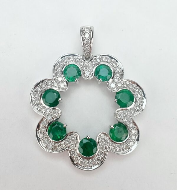Amor 14k White Gold 2.50ctw Natural Emerald Pave Diamond Wavy Drop Pendant - Image 3