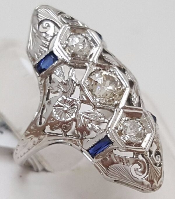 Vintage Art Deco 18k White Gold Diamond Sapphire Ring Size 3.5 - Image 3