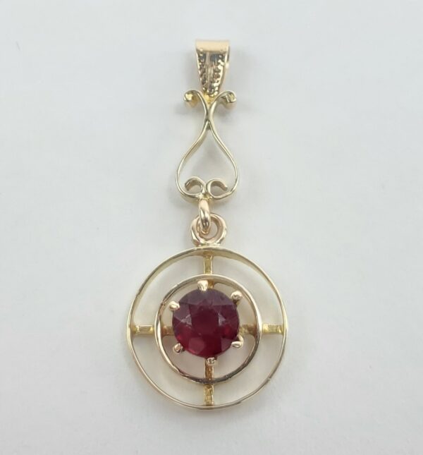 10k Vintage Yellow Gold Red Paste Open Work Circle Drop Pendant 1 3/8'' - Image 3