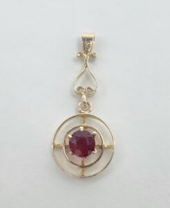10k Vintage Yellow Gold Red Paste Open Work Circle Drop Pendant 1 3/8''