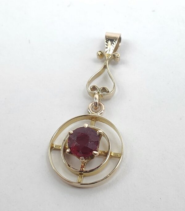 10k Vintage Yellow Gold Red Paste Open Work Circle Drop Pendant 1 3/8'' - Image 4