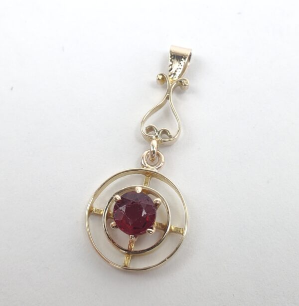 10k Vintage Yellow Gold Red Paste Open Work Circle Drop Pendant 1 3/8'' - Image 6