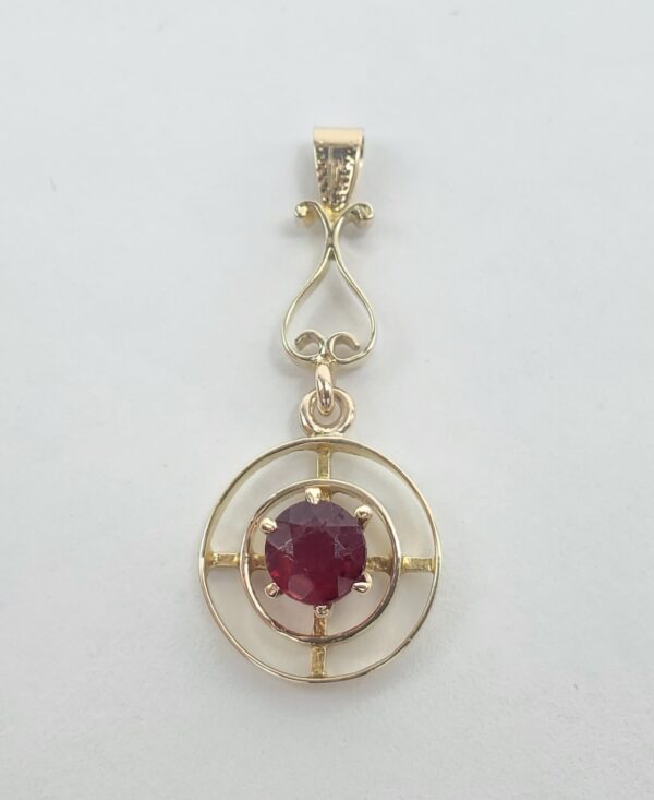 10k Vintage Yellow Gold Red Paste Open Work Circle Drop Pendant 1 3/8''