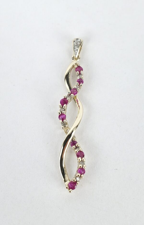 10k Yellow Gold .26ctw Ruby Diamond Caduceus Infinity Twist Drop Pendant - Image 3