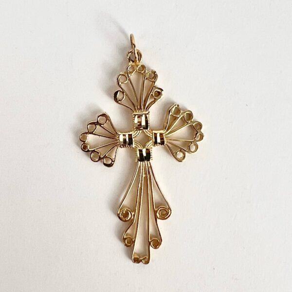 10k Yellow Gold Open Work Filigree Cross Christian Catholic Drop Pendant 2.25'' - Image 3