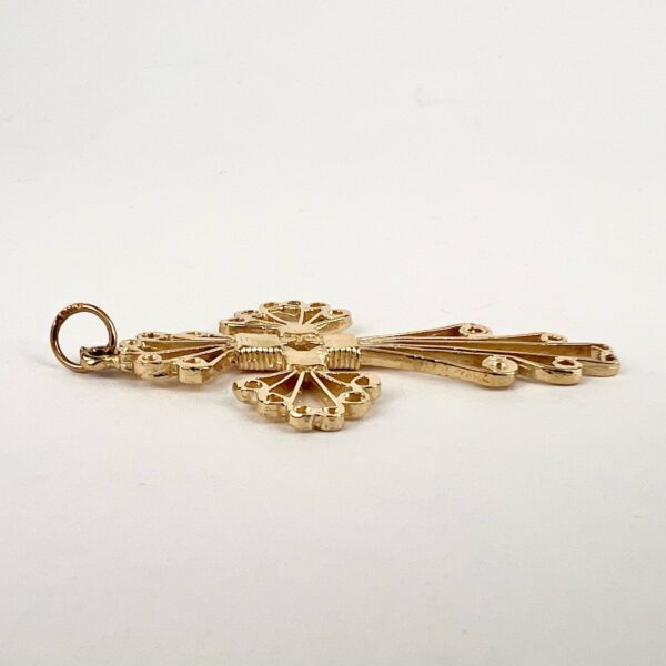 10k Yellow Gold Open Work Filigree Cross Christian Catholic Drop Pendant 2.25'' - Image 4