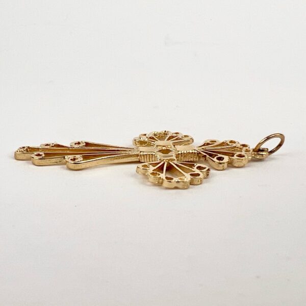10k Yellow Gold Open Work Filigree Cross Christian Catholic Drop Pendant 2.25'' - Image 5