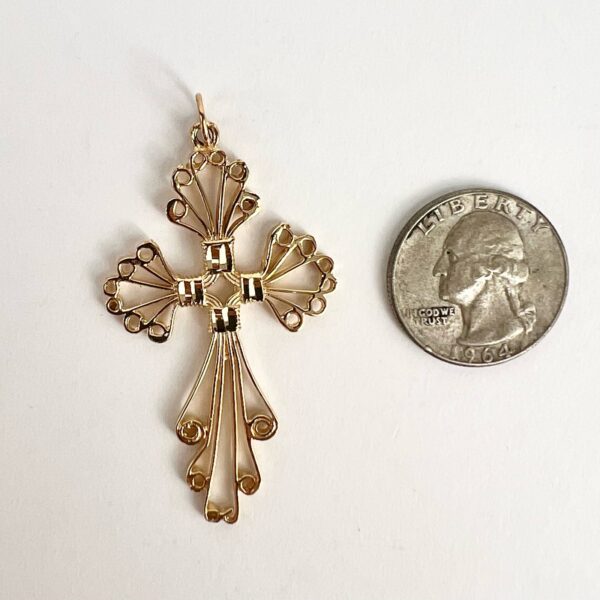 10k Yellow Gold Open Work Filigree Cross Christian Catholic Drop Pendant 2.25'' - Image 7
