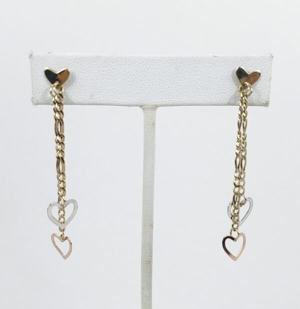 14k Tri-Gold Yellow White Rose Love Heart Figaro Drop Dangle Earrings 2 1/4'' - Image 3