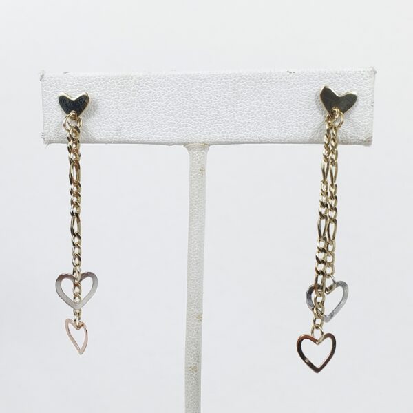 14k Tri-Gold Yellow White Rose Love Heart Figaro Drop Dangle Earrings 2 1/4'' - Image 4