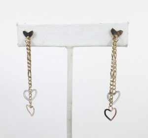 14k Tri-Gold Yellow White Rose Love Heart Figaro Drop Dangle Earrings 2 1/4''
