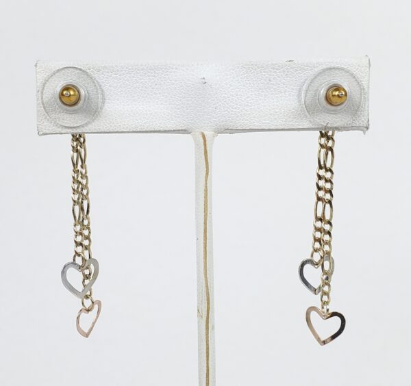 14k Tri-Gold Yellow White Rose Love Heart Figaro Drop Dangle Earrings 2 1/4'' - Image 6