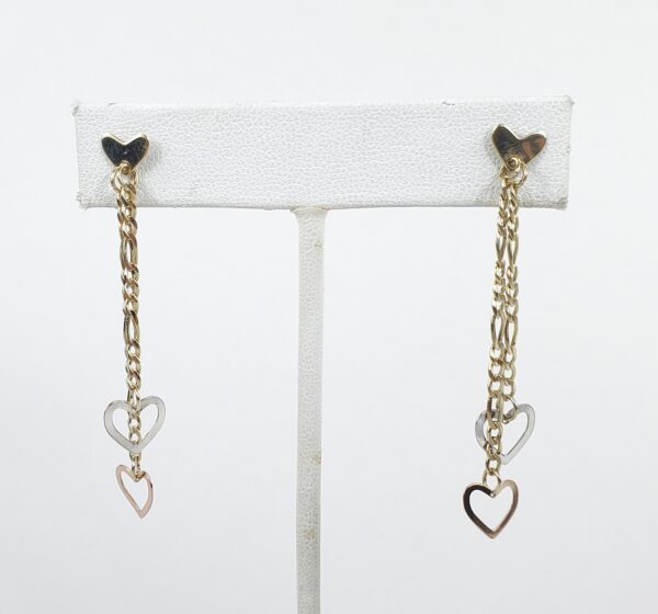 14k Tri-Gold Yellow White Rose Love Heart Figaro Drop Dangle Earrings 2 1/4''