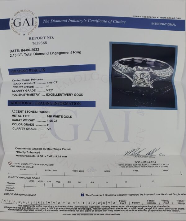 14k White Gold 1.61c GAI Clarity Enhanced Princess Diamond Engagement Ring - Image 11