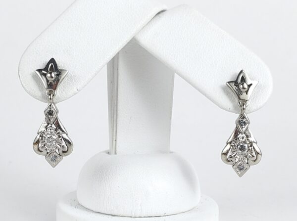 14k White Gold .23ctw Diamond Drop Dangle Florette Screw Back Earrings 1'' - Image 3