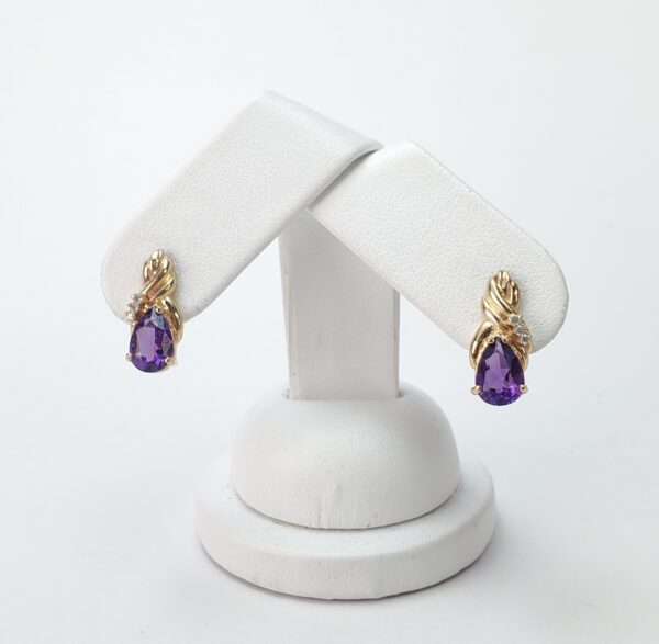 14k Yellow Gold 2ctw Amethyst Diamond Stud Back Unique Braid Earrings 5/8'' - Image 3
