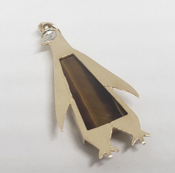 14k Yellow Gold Satin Finish Sea Nautical Tiger's Eye Diamond Penguin Pendant - Image 3