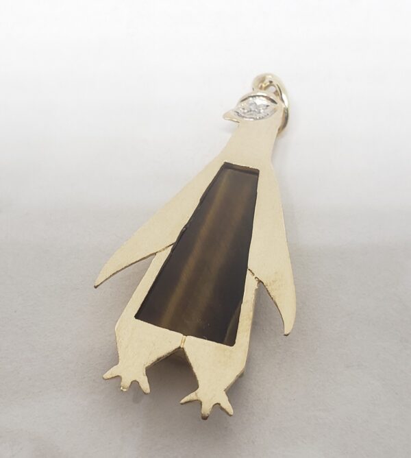 14k Yellow Gold Satin Finish Sea Nautical Tiger's Eye Diamond Penguin Pendant - Image 4
