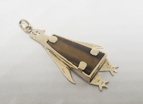 14k Yellow Gold Satin Finish Sea Nautical Tiger's Eye Diamond Penguin Pendant - Image 5