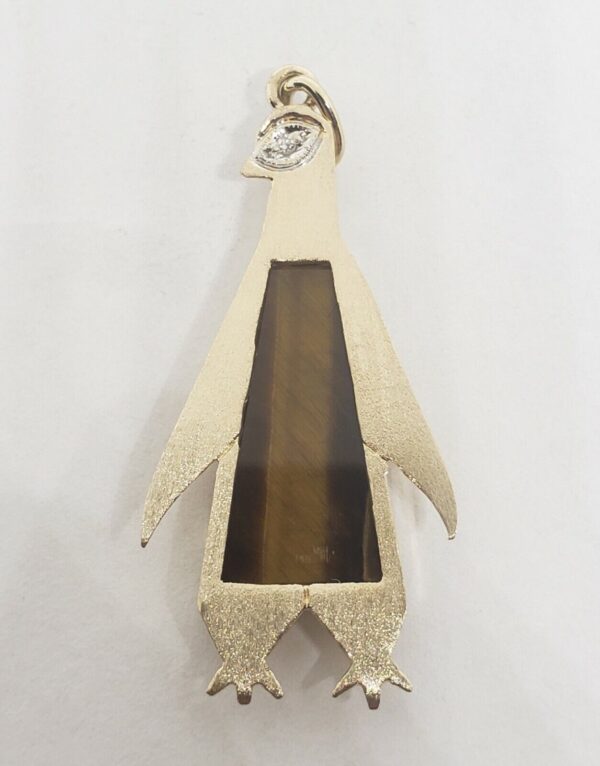 14k Yellow Gold Satin Finish Sea Nautical Tiger's Eye Diamond Penguin Pendant
