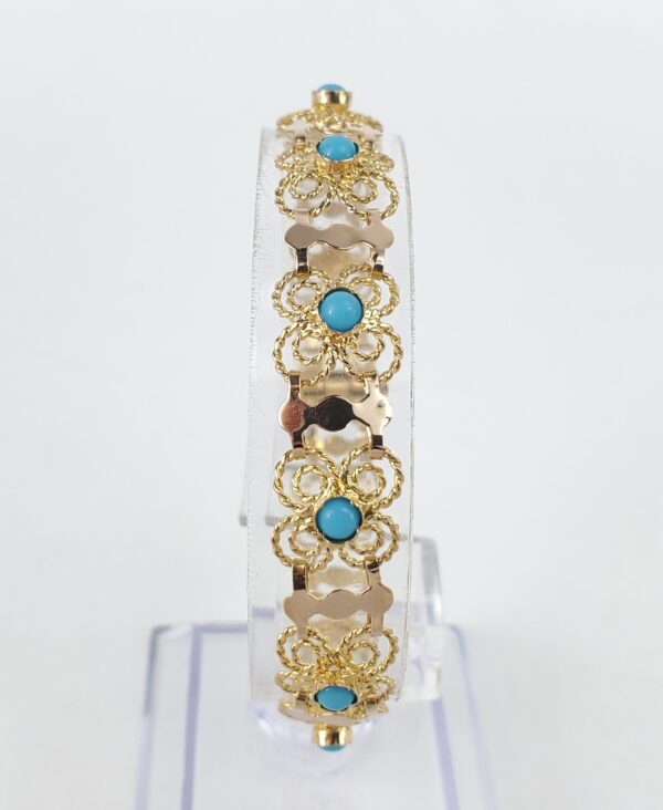 18k Multi-Tone Gold Bezel Set Blue Stone Textured Custom Filigree Bracelet 6 1/4 - Image 3