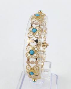18k Multi-Tone Gold Bezel Set Blue Stone Textured Custom Filigree Bracelet 6 1/4