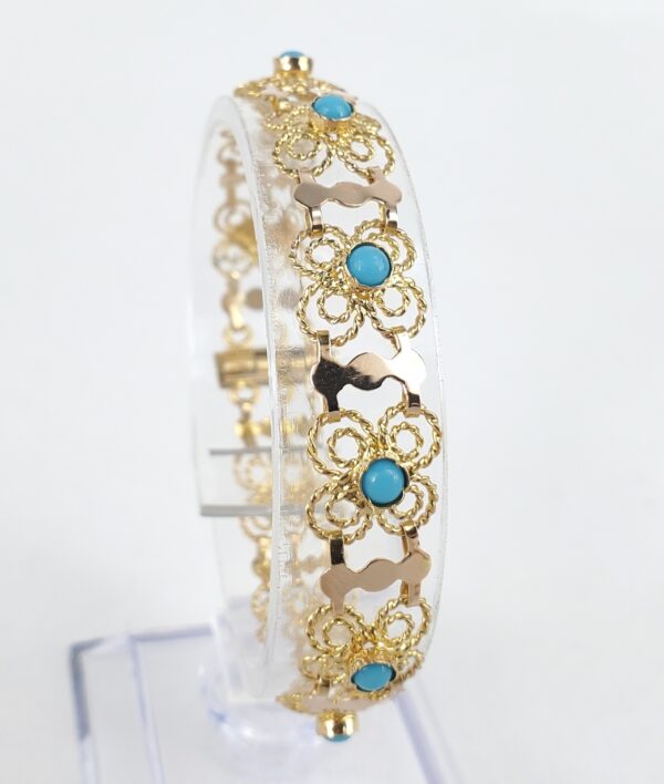 18k Multi-Tone Gold Bezel Set Blue Stone Textured Custom Filigree Bracelet 6 1/4 - Image 4
