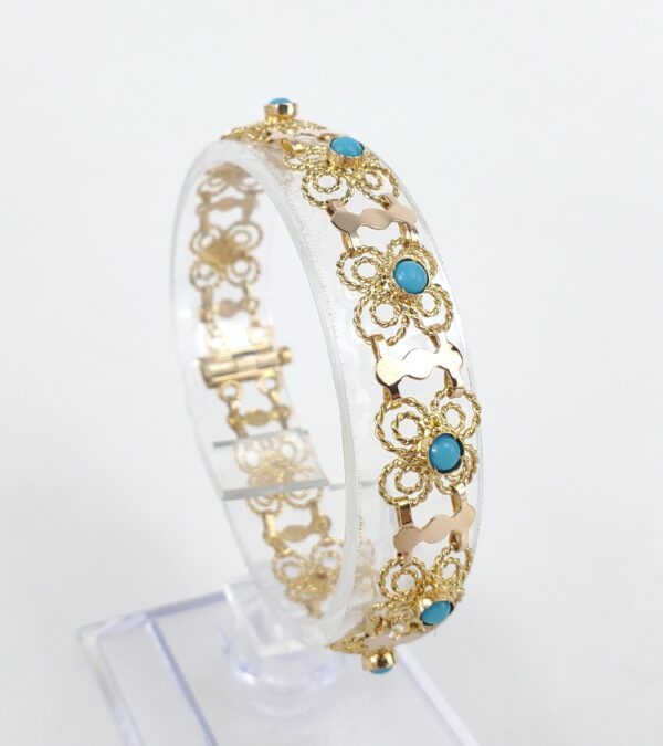 18k Multi-Tone Gold Bezel Set Blue Stone Textured Custom Filigree Bracelet 6 1/4 - Image 5