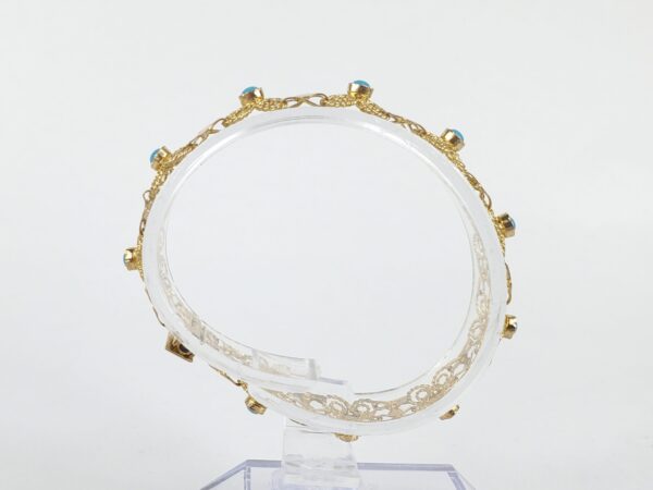 18k Multi-Tone Gold Bezel Set Blue Stone Textured Custom Filigree Bracelet 6 1/4 - Image 6