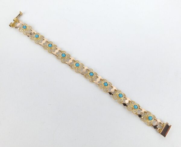 18k Multi-Tone Gold Bezel Set Blue Stone Textured Custom Filigree Bracelet 6 1/4 - Image 7