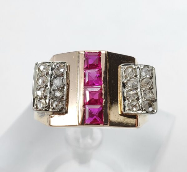 18k Multi-Tone Gold Retro Style Era Diamond Lab Ruby Cocktail Ring 6.5'' - Image 3