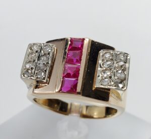 18k Multi-Tone Gold Retro Style Era Diamond Lab Ruby Cocktail Ring 6.5''